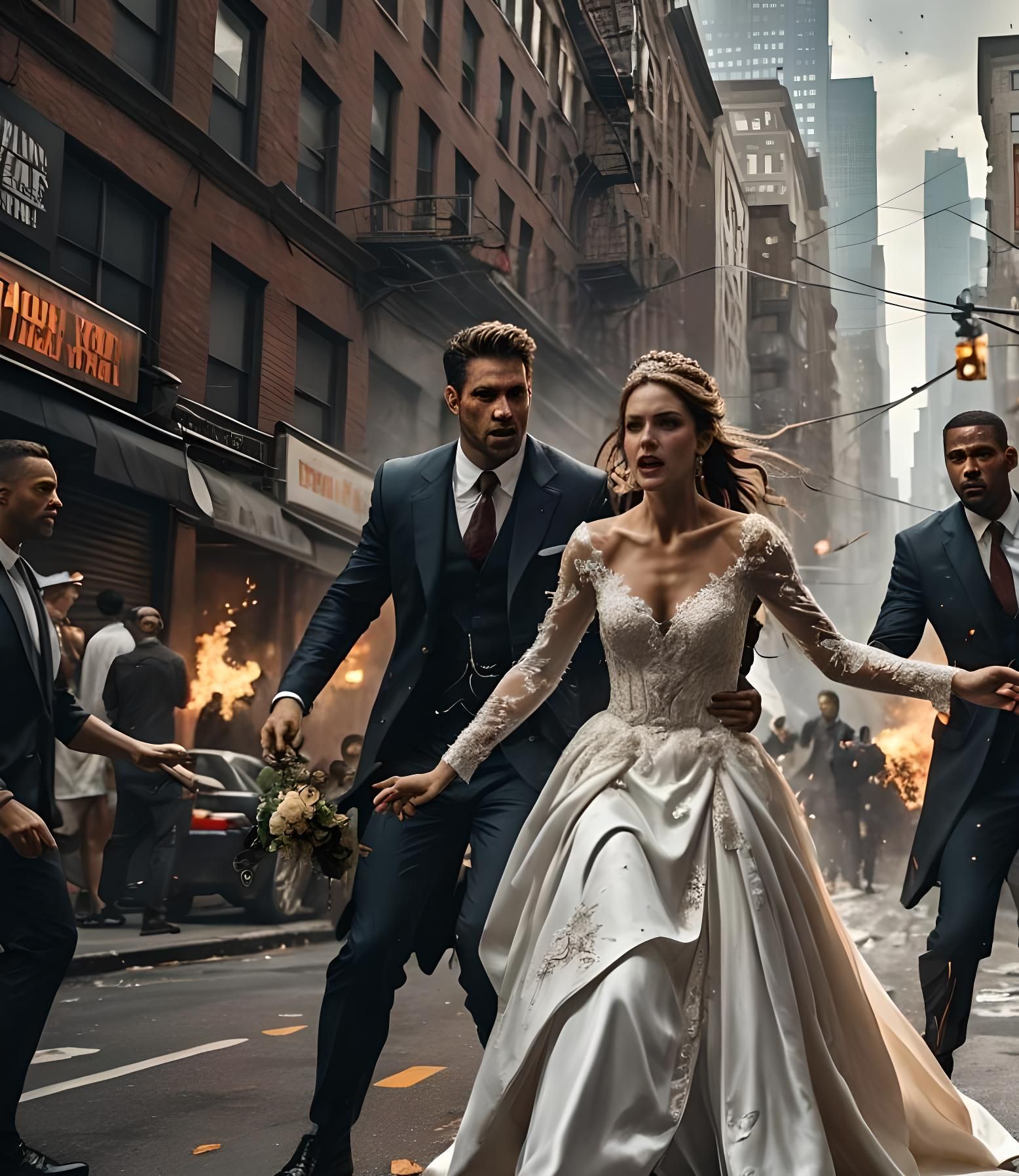 dangerous man attacking a bride on the streets of manhattan

