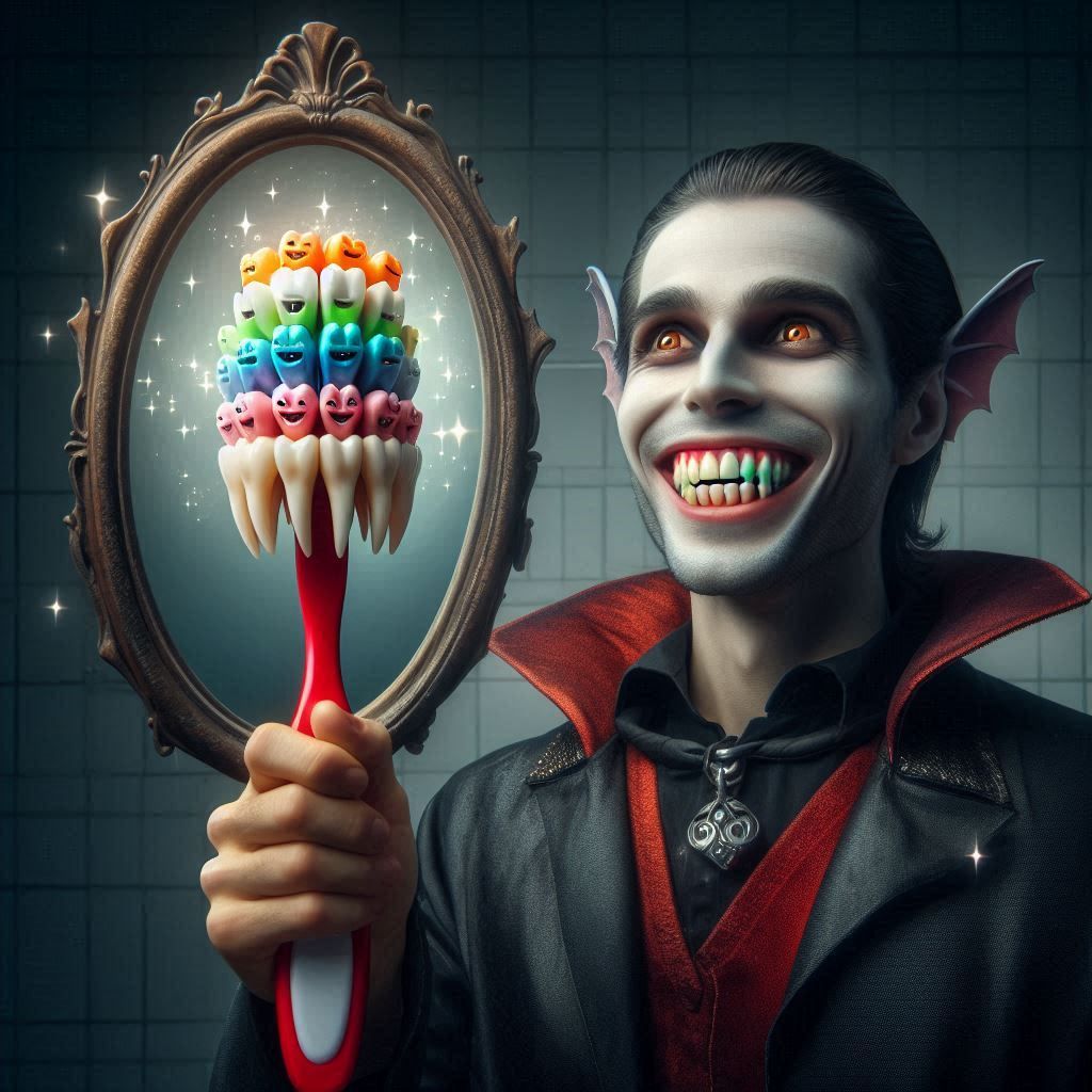 Vampire with bat ears and tooth brush