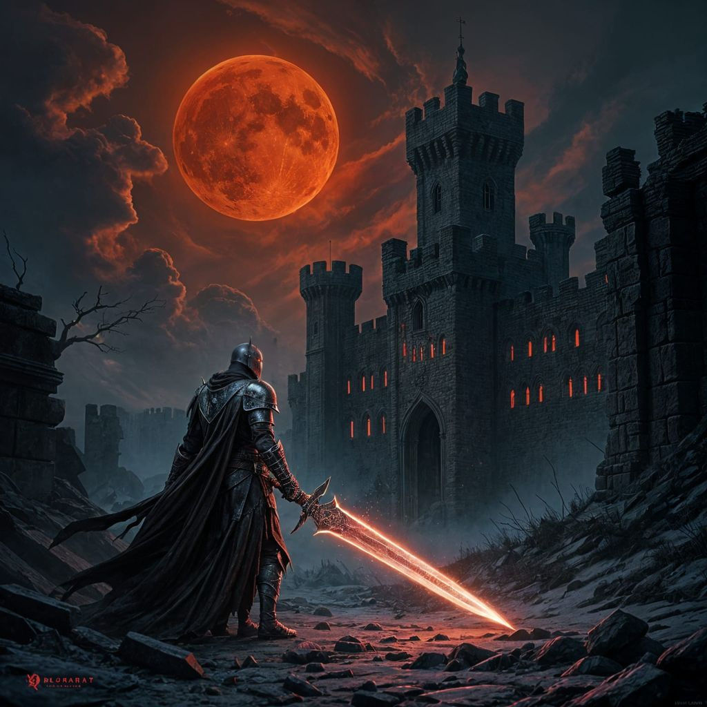 Dark fantasy concept art. A lone knight clad in decaying armor, wielding a spectral sword, stands before a crumbling fortress under a blood-...