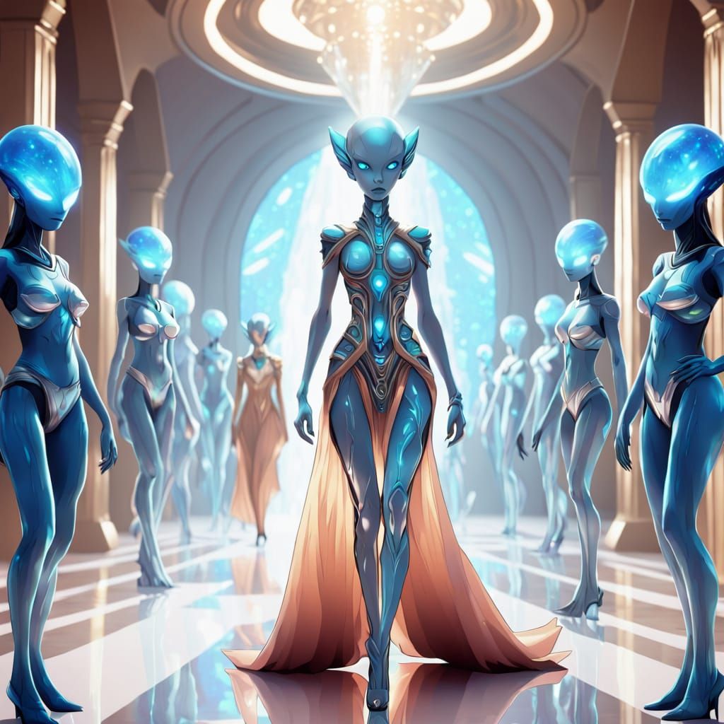 An elegant humanoid strange-looking alien walking a glowing crystalline fashion runway in a hall on another ...  by @KWriter
