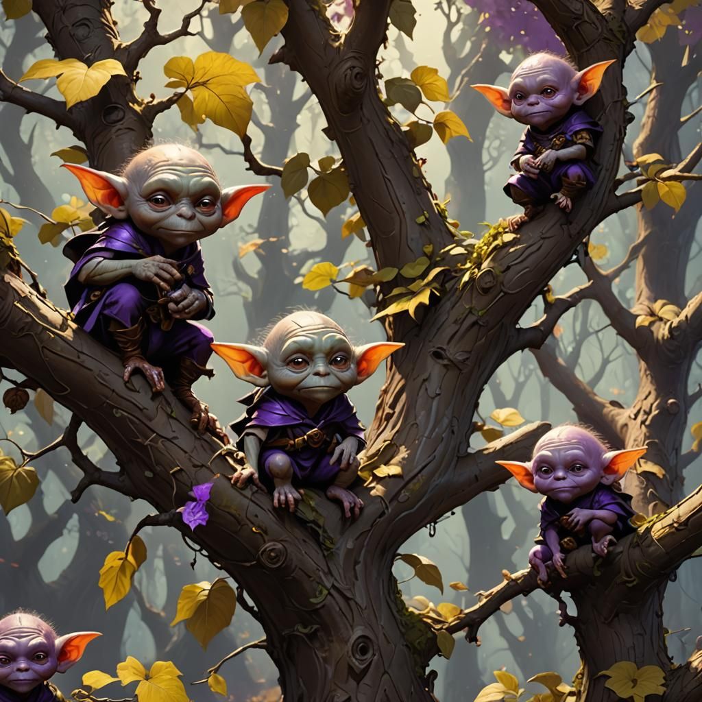 cute brown, bald, baby goblins in a tree