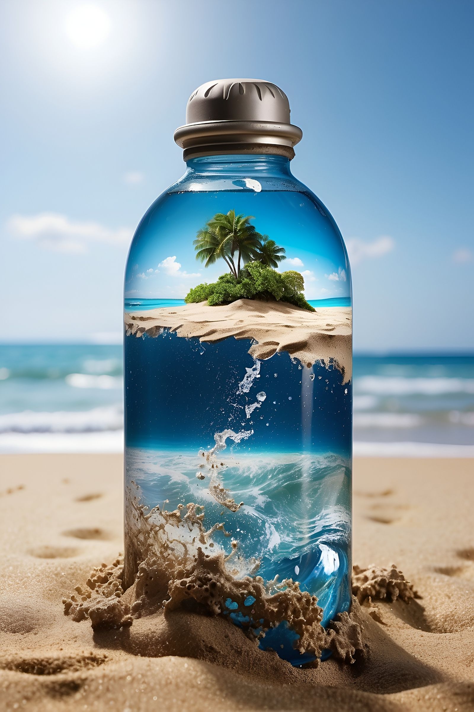 A water bottle at the beach