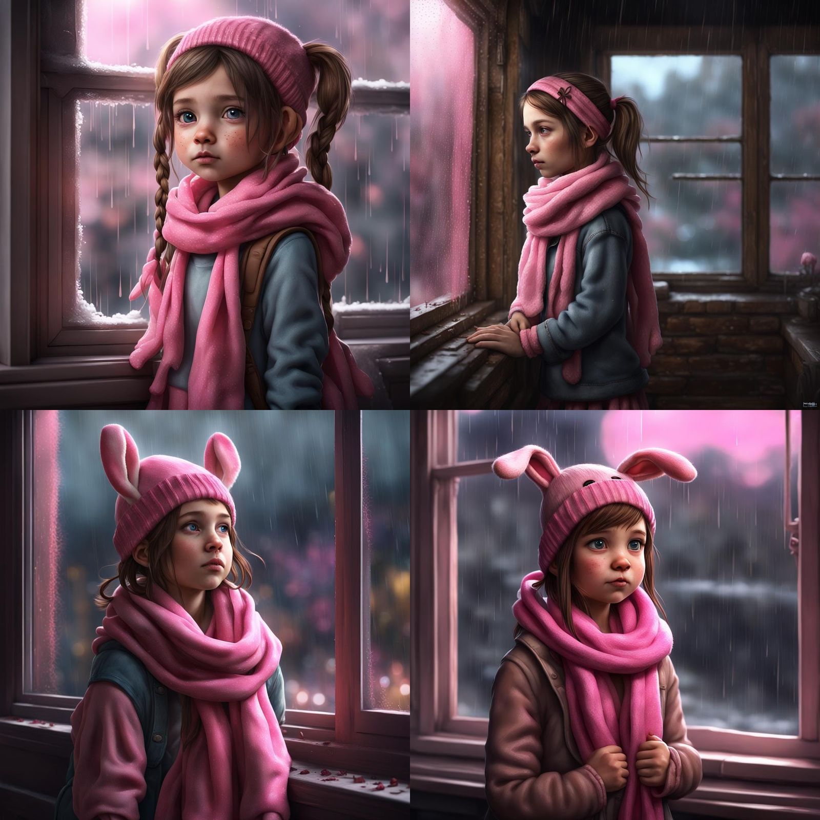 girl with brown hair in to pig tails with a pink scarf, pink...