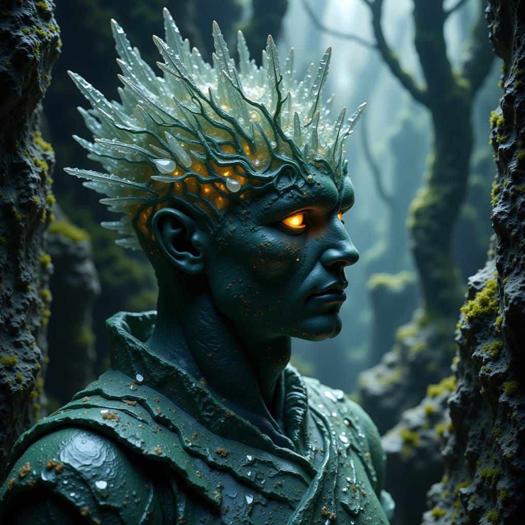 An ancient, moss-covered stone statue of a forgotten king, its features weathered by time. A crown of intertwined, glowing roots and spectra...
