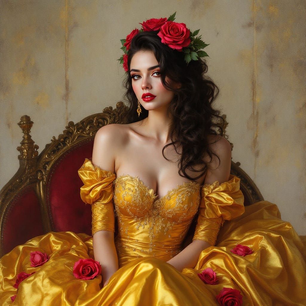 a painting in which a women is sitting in a golden golden dress with roses, in the style of realistic fantasy artwork, dark white and red, g...