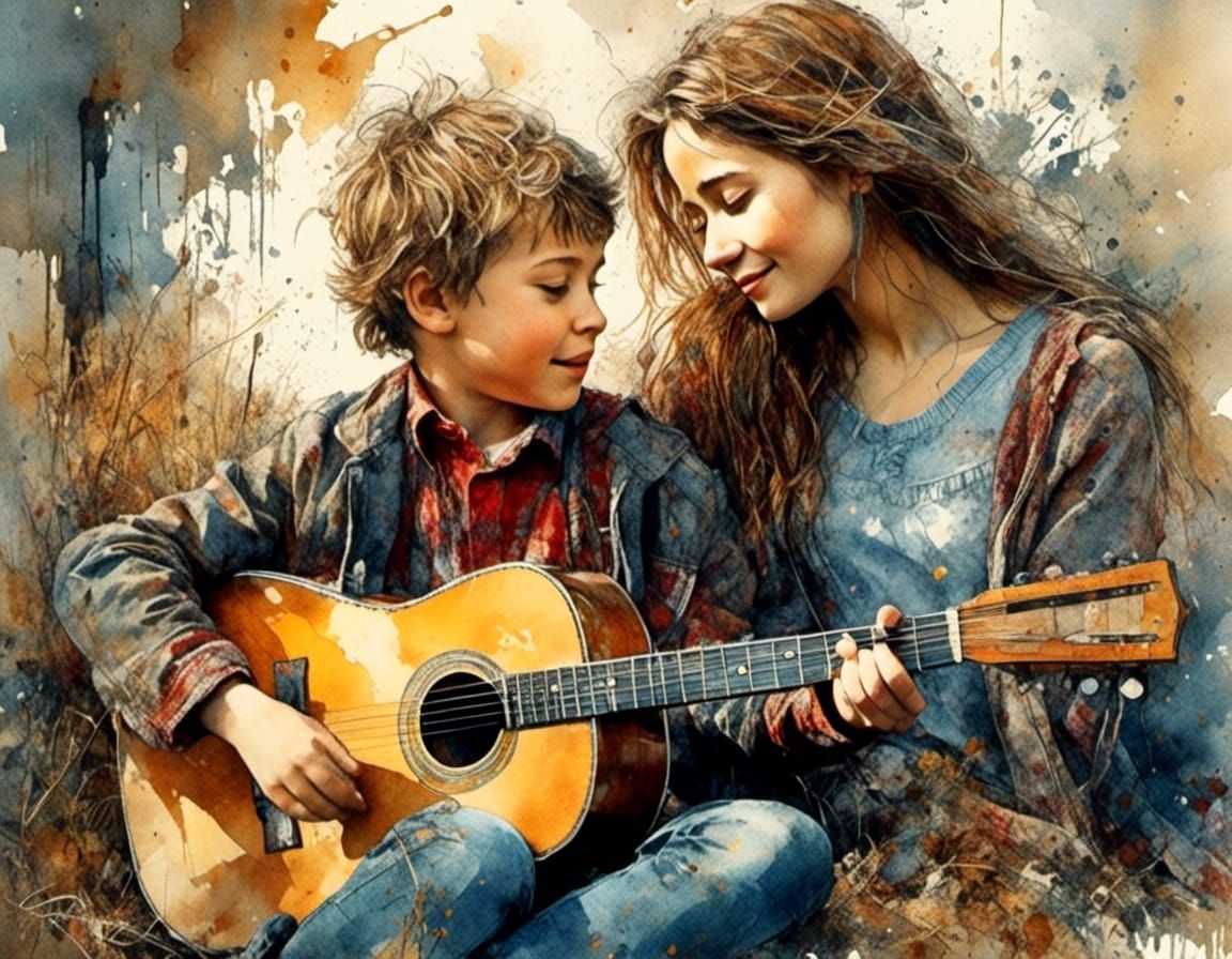 Beautiful Woman Singing with Guitar, Watercolor Art