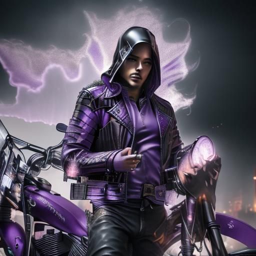 Dark <lora:Dark---Ghost Rider:1.0> fantasy wolf wearing a (Purple leather jacket:1.5), shrouded in a veil of cosmic mist