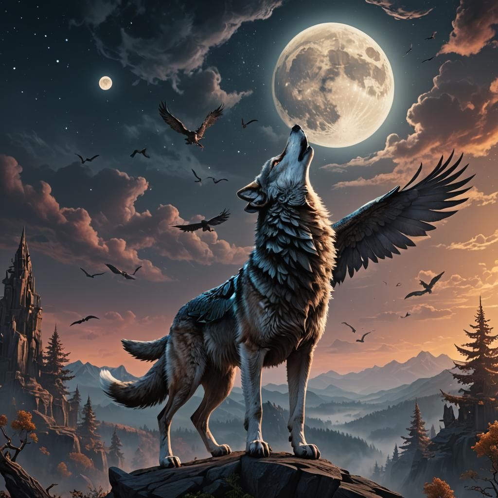 wolf howling and flying with wings landscape full moon