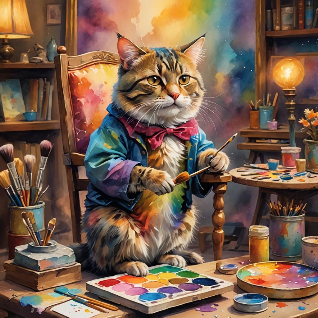 Cat Painting a Mouse: Whimsical Fantasy Art