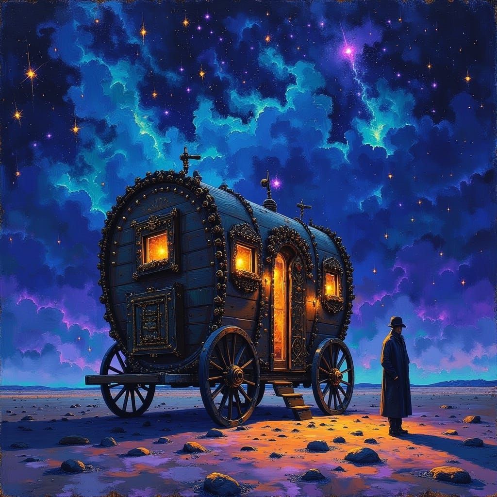 <lora:MJ6:1.0> a caravan travels across a desert at night, stars twinkling in the sky,  expressionism painting, the overall style has eleme...