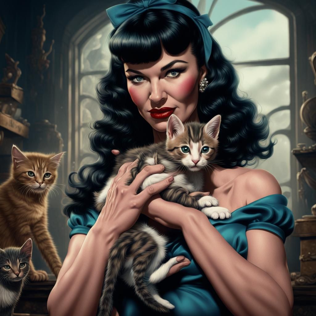 Bettie Page holding a kitten
