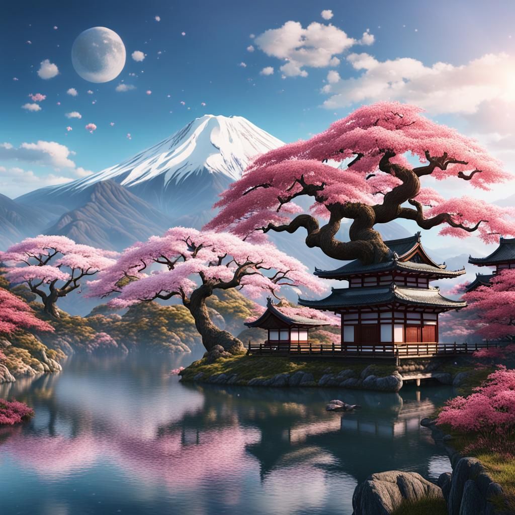 A beautiful ancient sakura tree in front of a lake. Mountains and Japanese temples in the background.