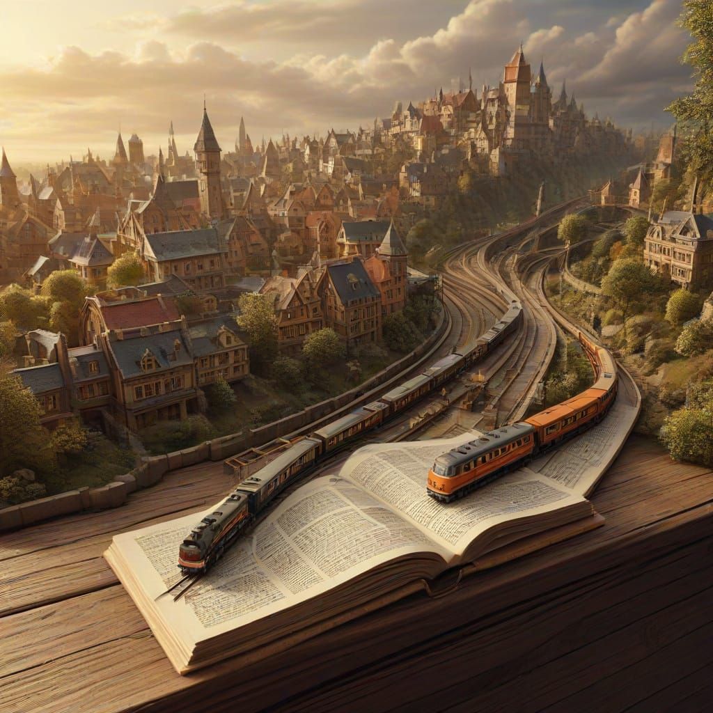 Futuristic Toy Train on Book in Digital Art Style