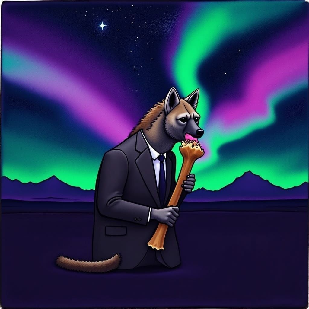 Hyena in a business suit chewing on a chicken bone at night ...