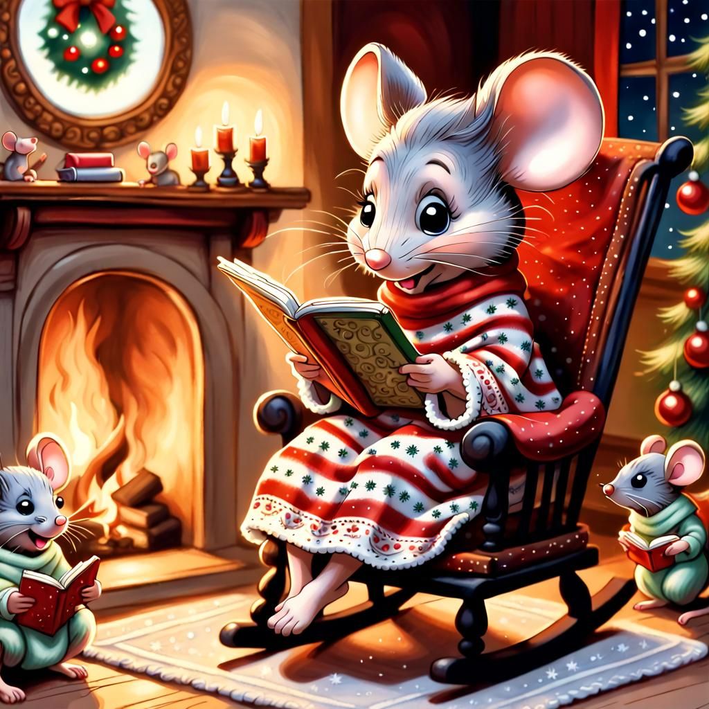 Grandmother Mouse reading A Christmas Carol to her grandmice  by @Lulu