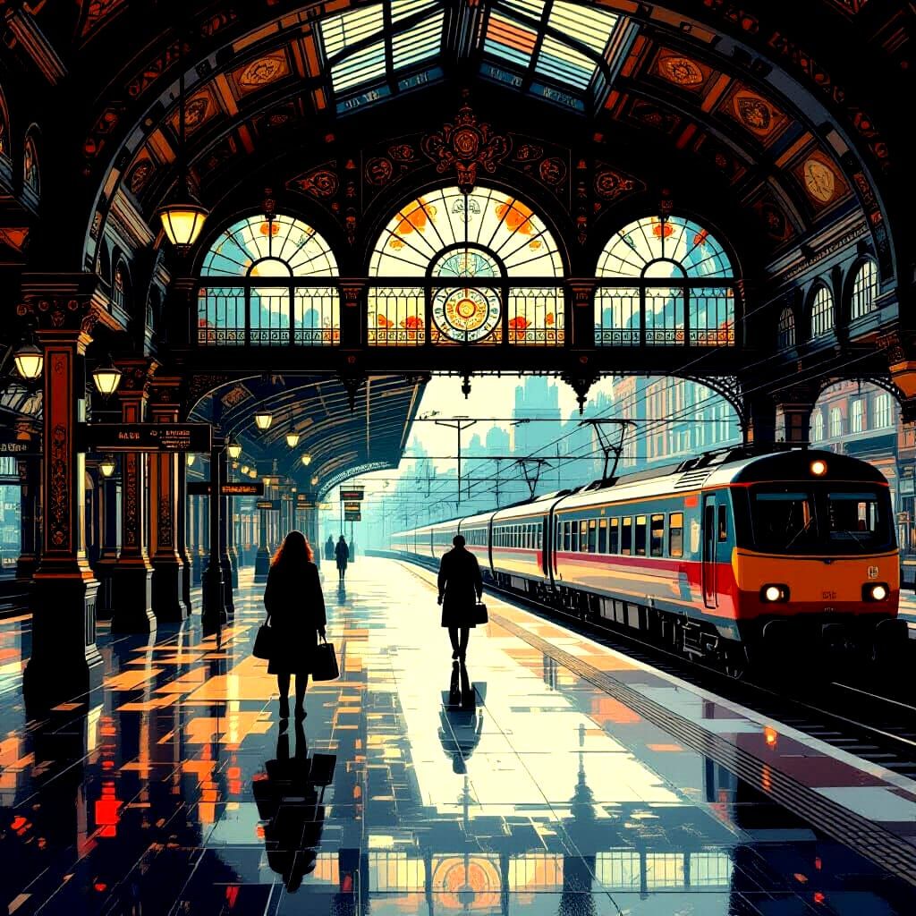 A vintage train station interior, bathed in the warm, diffused light of early morning. The station is ...  by @FantasyXplorer