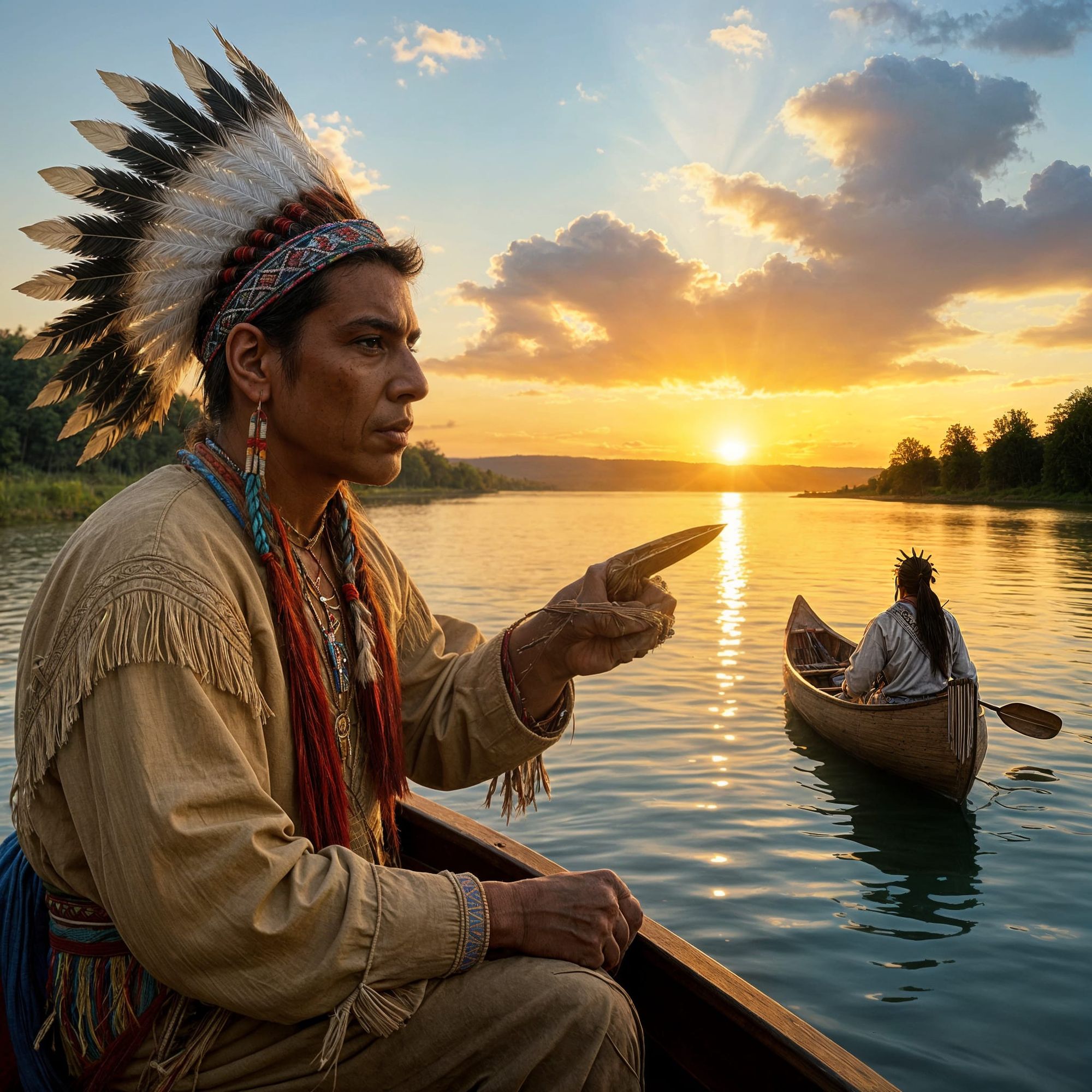 A Native American Indian lookin westward over the expansive and wide river and telling another tribes man that he has named the territory he...
