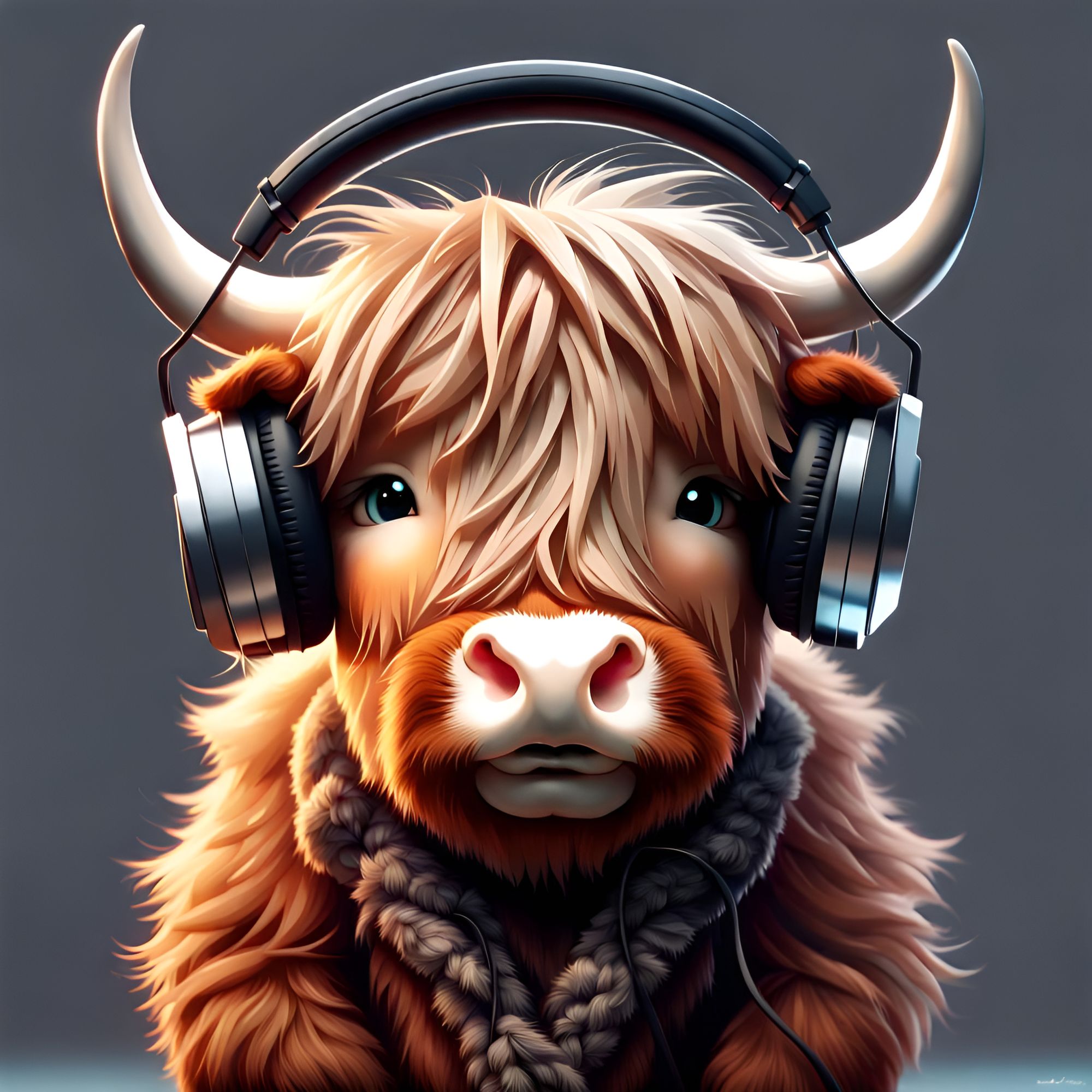 chibi adorable anthropomorphic Highland furry cow wearing