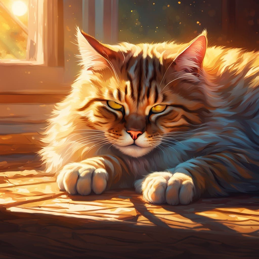 Cat laid out sleeping on the floor, with her front paws in the sunshine through the window