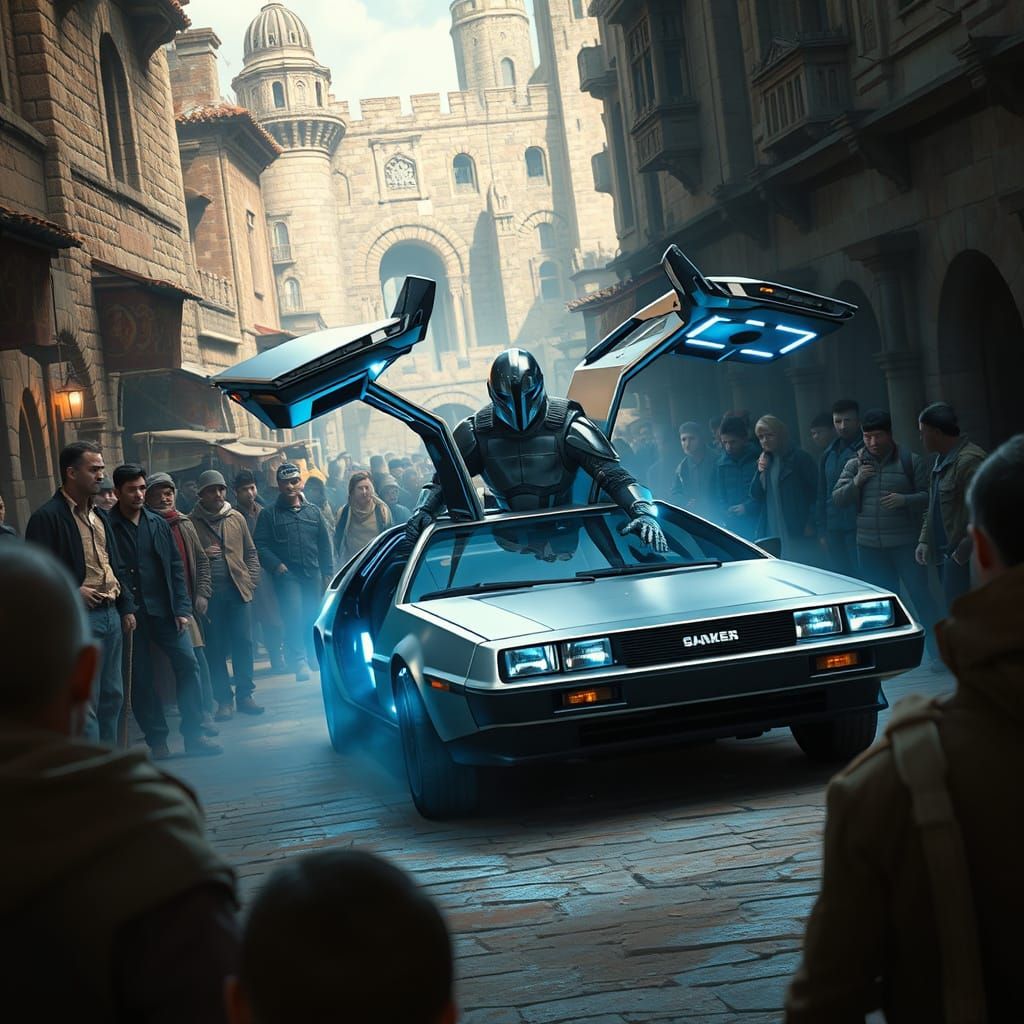 : Imagine a bustling medieval marketplace suddenly disrupted by the arrival of a sleek, chrome DeLorean, ...  by @חתיךךך המחץ