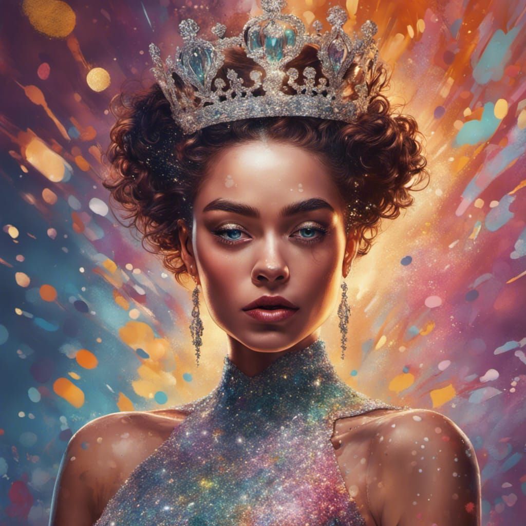 Queen in a heavily glittered dress with a tiara