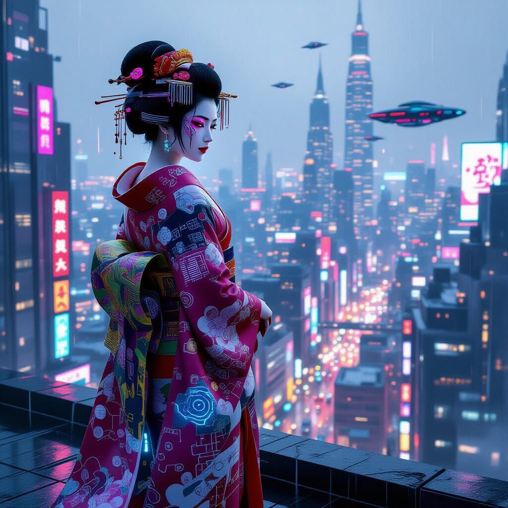 A futuristic geisha, her kimono woven with holographic circuits and neon threads, stands on a rain-swept ...  by @Eclectic shambles