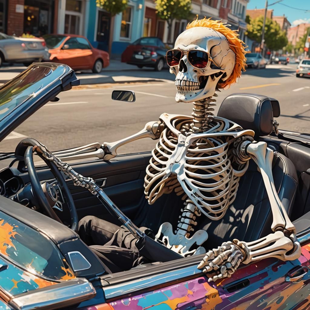 A photorealistic image of a skeleton  driving a car. The car...