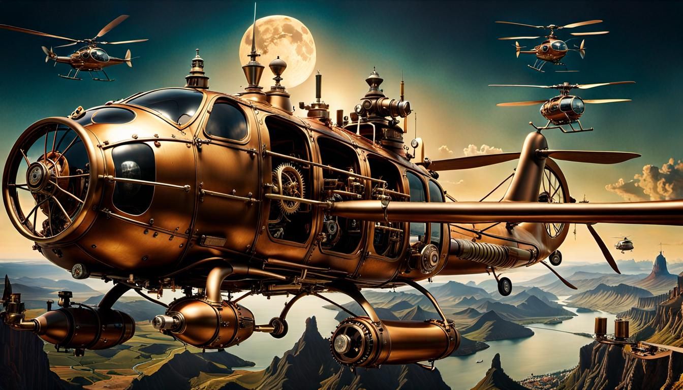 Three helicopters steampunk 1/3 - AI Generated Artwork - NightCafe Creator