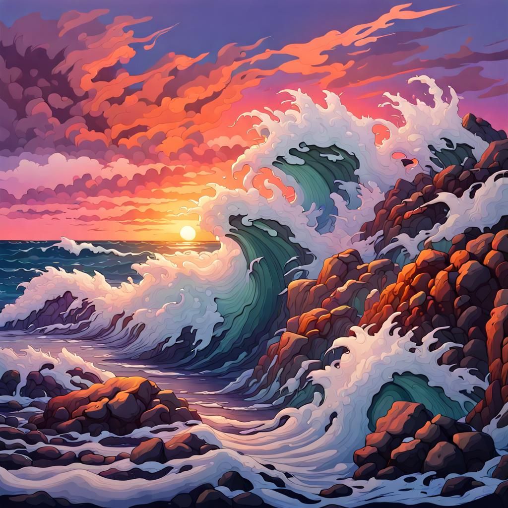 Powerful Waves Crashing Against Rocky Shoreline Under Vibrant Sunset Sky Foamy White Crests 0066