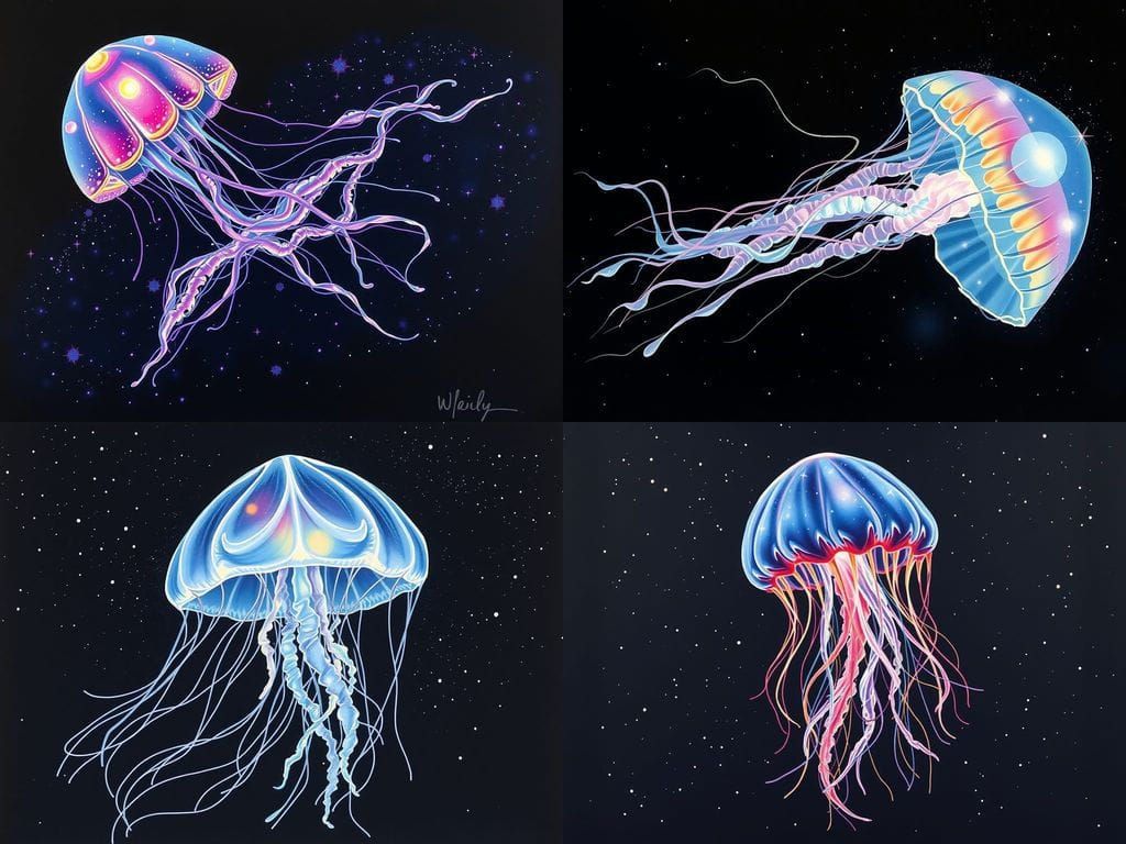 liquid neon midnight jelly fish against infinite blackness and tiny stars the jelly fish is long and billowing effervesc...