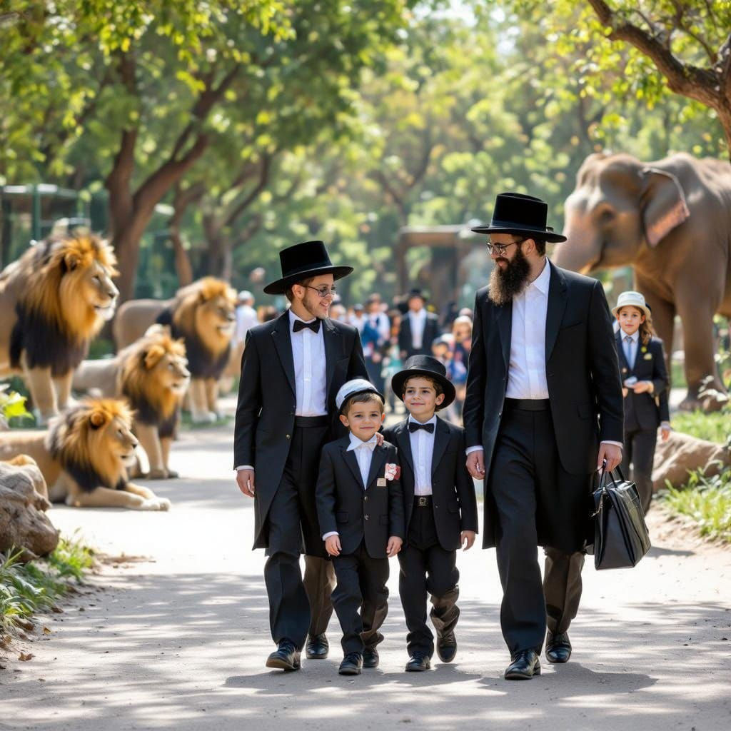 Haredi Jewish Fathers and Sons Enjoy Passover at the Zoo