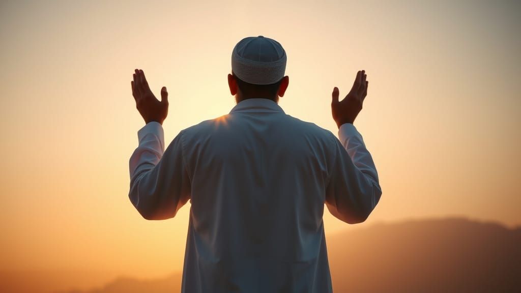 A serene and powerful scene featuring a Muslim man in traditional clothing, standing with hands raised in prayer, facing a soft glowing ligh...
