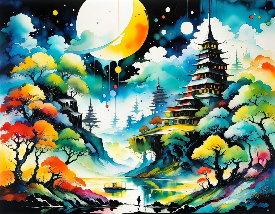 Sci-fi, colorful, happy, couple cute ALCOHOL-INKS in the sty...