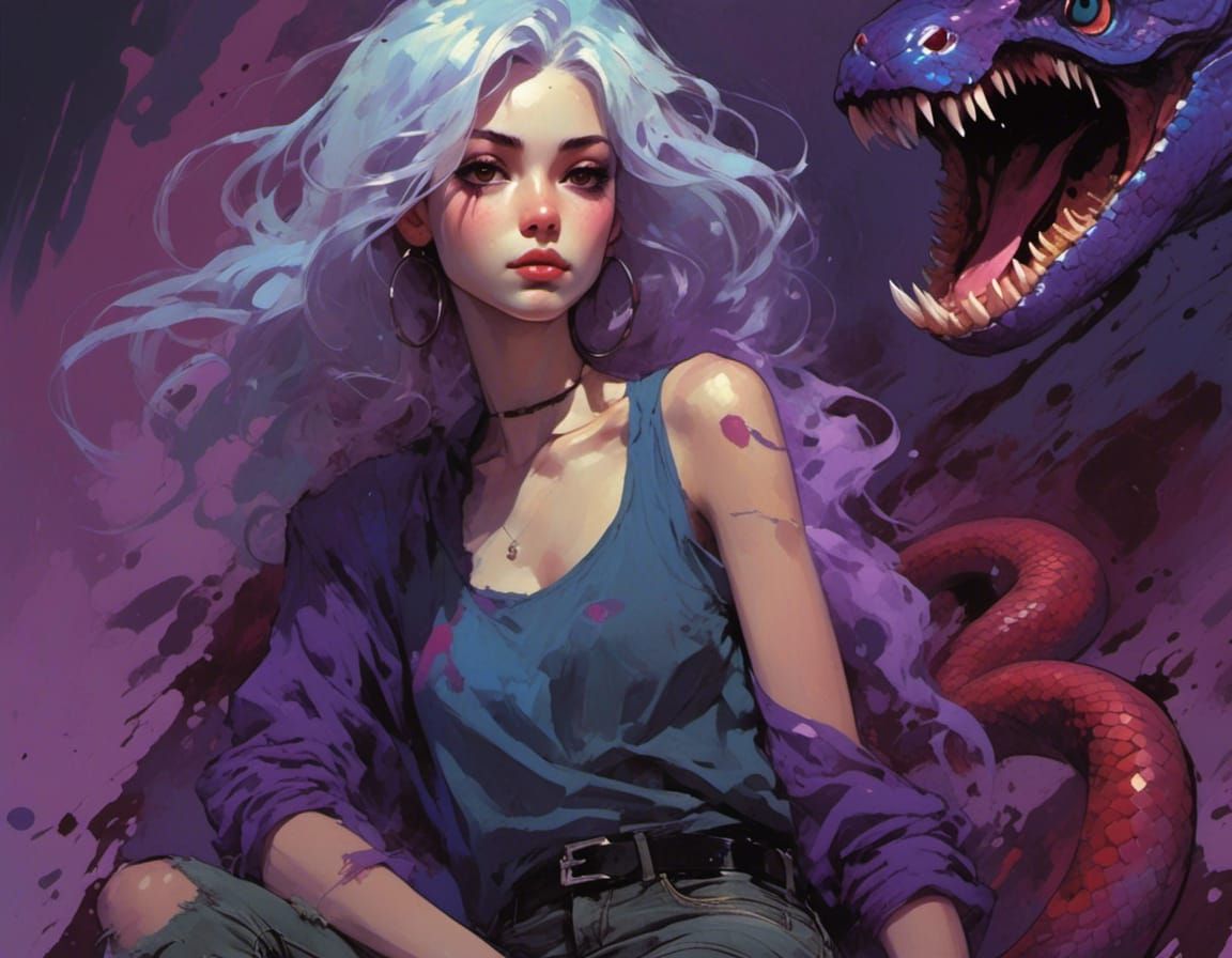 <lora:Liminal Lacquer:1.0>full body portrait close-up, tetradic palette :: 1girl, Halter top, ripped jeans (cloudy ghost-eyes:1.3) with pet...