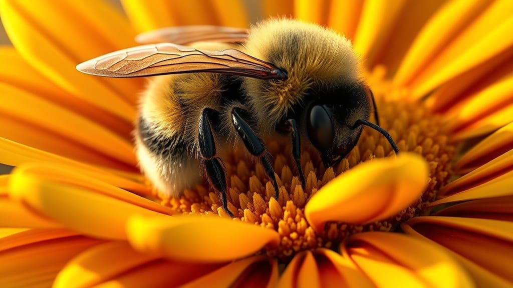 Vibrant 3D anime art. Macro shot. A big fuzzy bumblebee sleeping in the middle of a black eyed susan. ...  by @Solfreedom