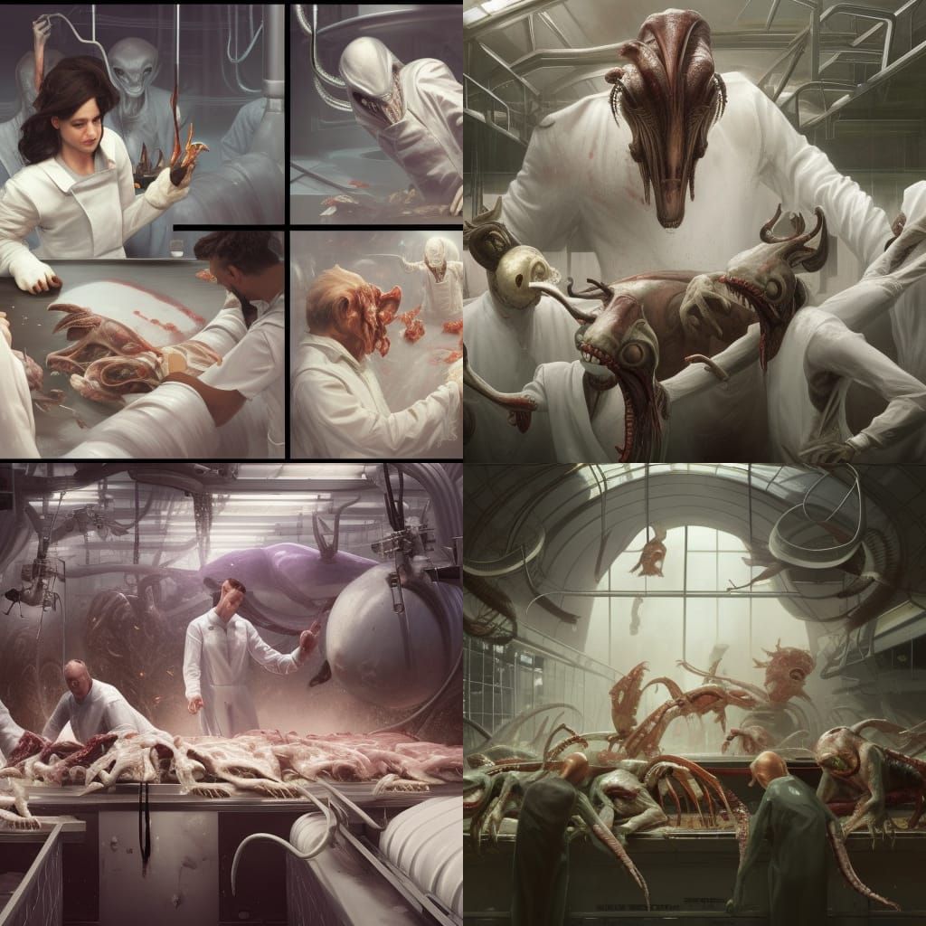 alien abattoir with alien creatures in white suits chopping ...