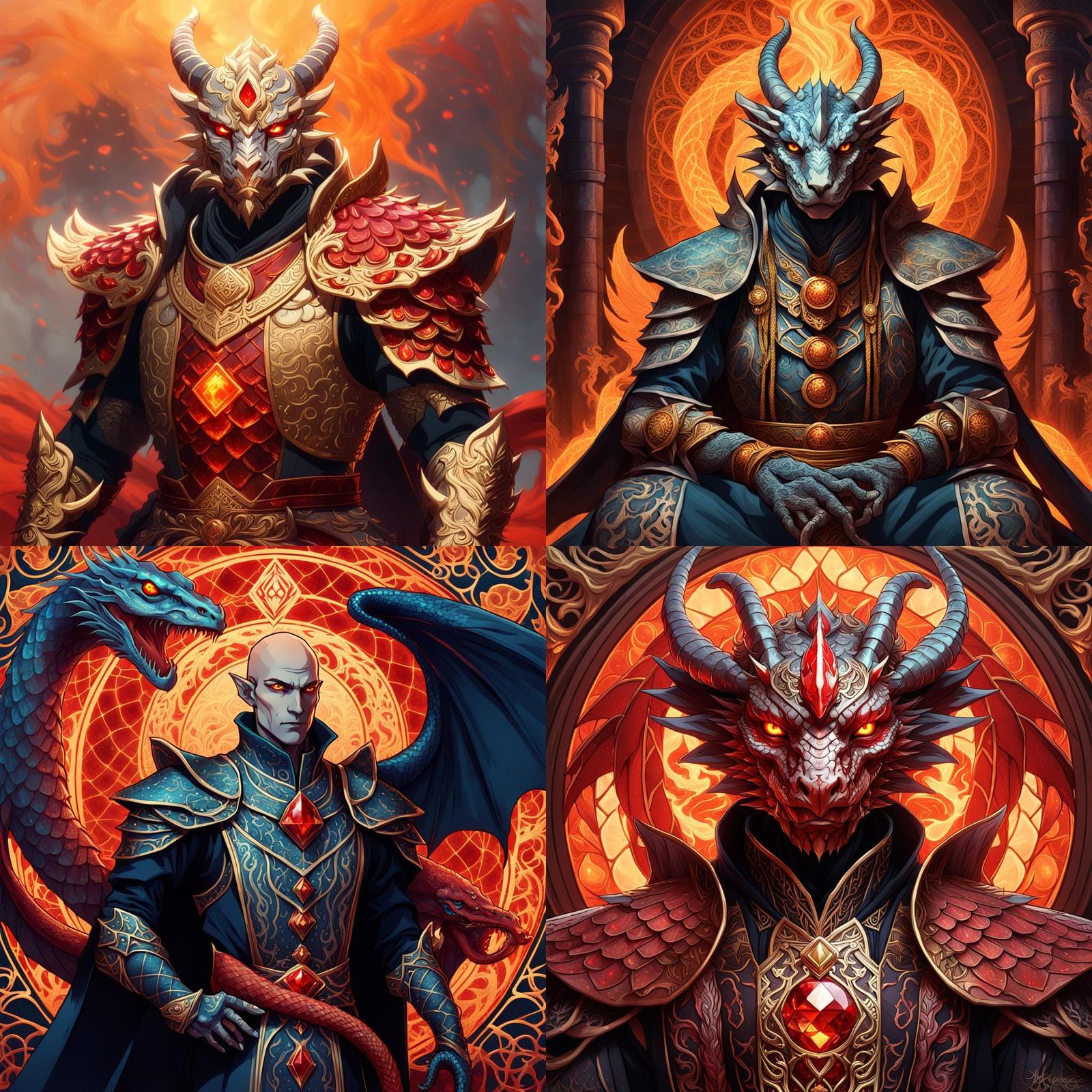mucha-style dragonborn humanoid, bald, blood red scales, glo...
