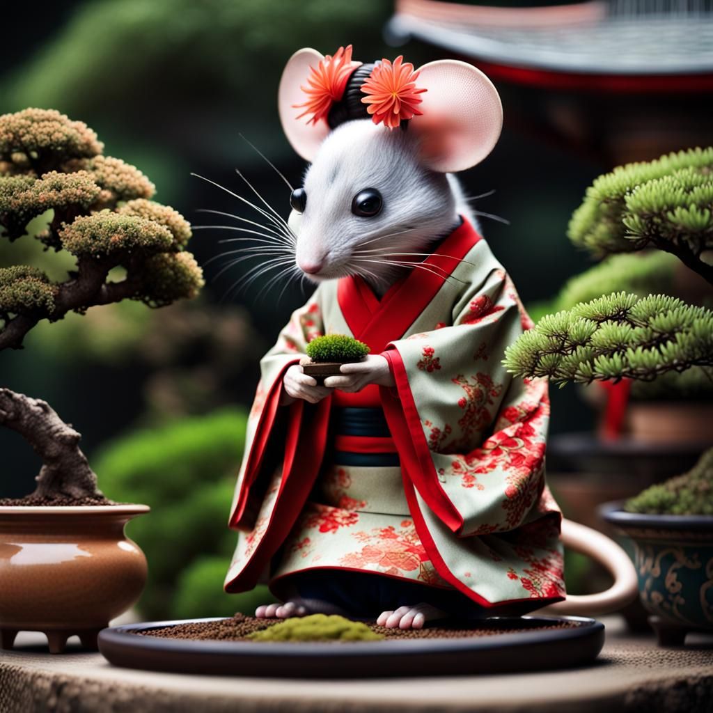 Hyperrealistic photo of  Anthropomorphic Geisha Mouse wearin...