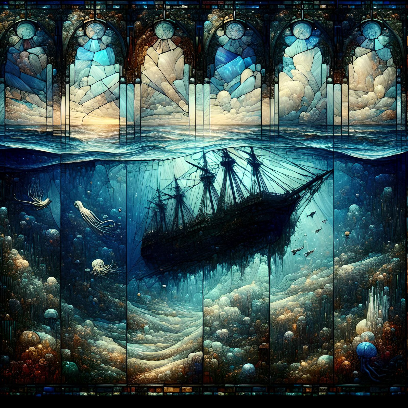 Underwater Shipwreck in Art Nouveau Stained Glass Style