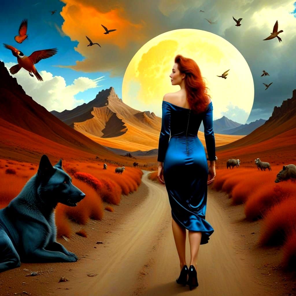 Charming Lady Surrounded by Whimsical Creatures in Vibrant S...