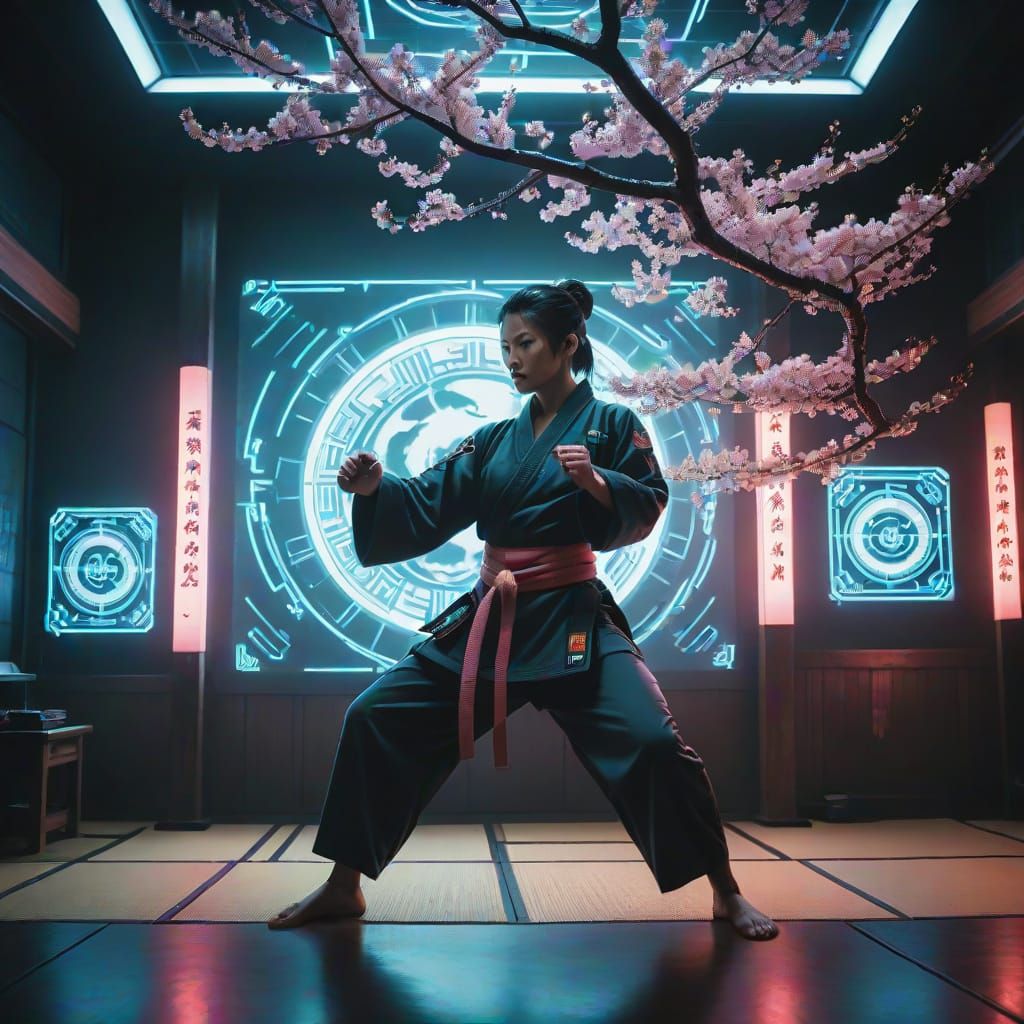 In a neon-lit dojo, a cyberpunk warrior practices karate, their movements fluid and precise. Holographic ...  by @Patio Set
