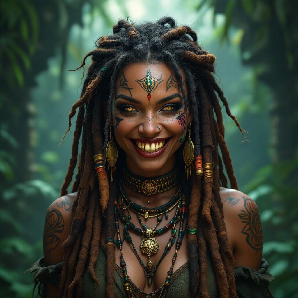A mysterious Voodoo priestess in a dark, mystical jungle temple with a evil wide gren on her face with gold teeth earth hair with dreadlocks...