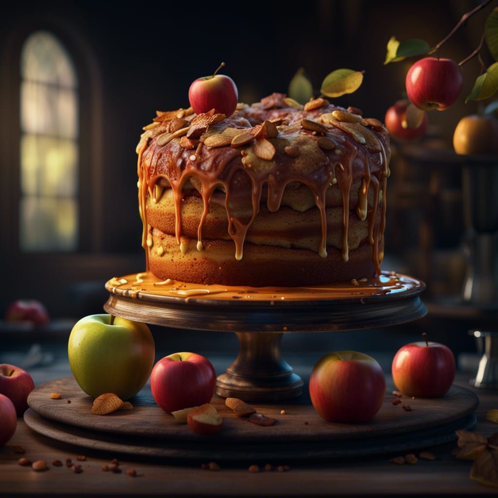 an apple cake with sliced apples on top and honey on the sid...