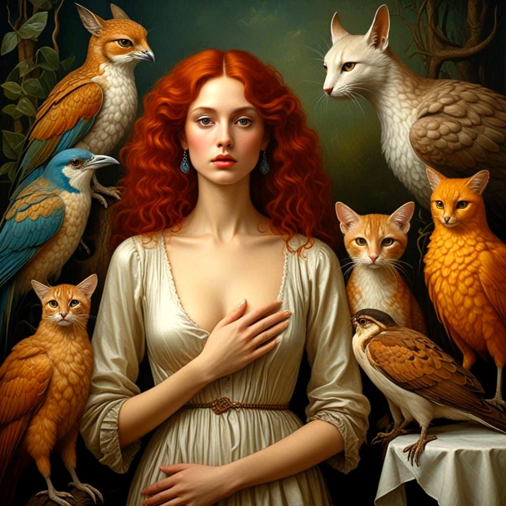 Ethereal Pre-Raphaelite Siren in Whimsical Surreal Scene