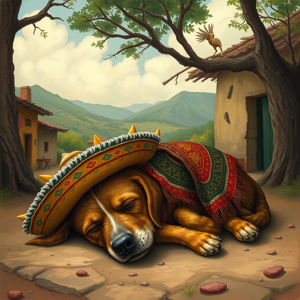 dragons Masterpiece Monday Wilf the Witch's Dog, wearing a sombrero, zarape, in a quiet village, afternoon ...  by @david