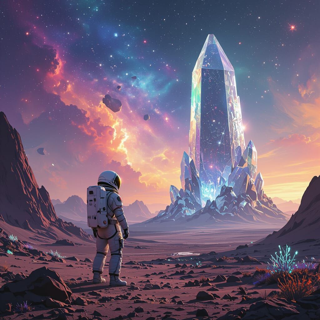A lone astronaut stands on a desolate alien planet, gazing at a colossal, crystalline structure that pierces the vibrant, nebula-filled sky....