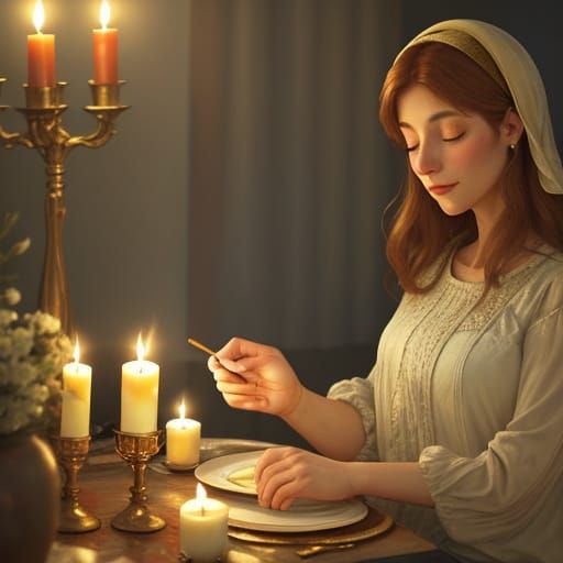 Young Mother Lighting Shabbat Candles in Impressionistic Sty...