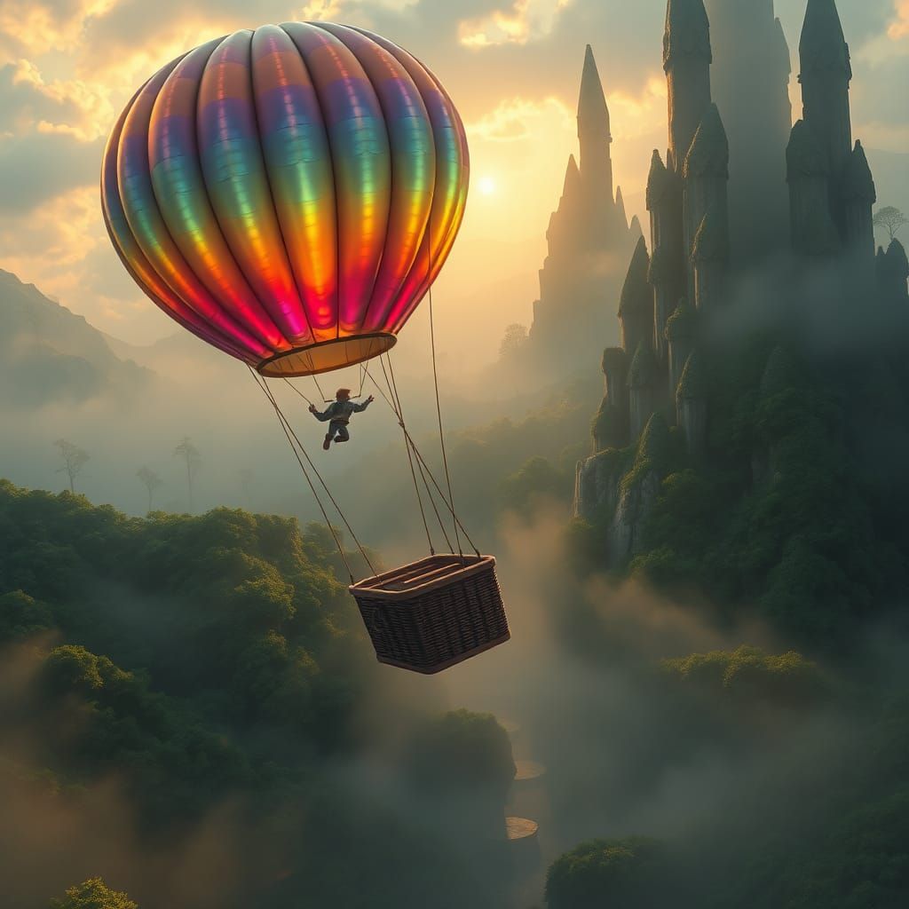 Boy Soars in Hot Air Balloon: Fantasy Landscape