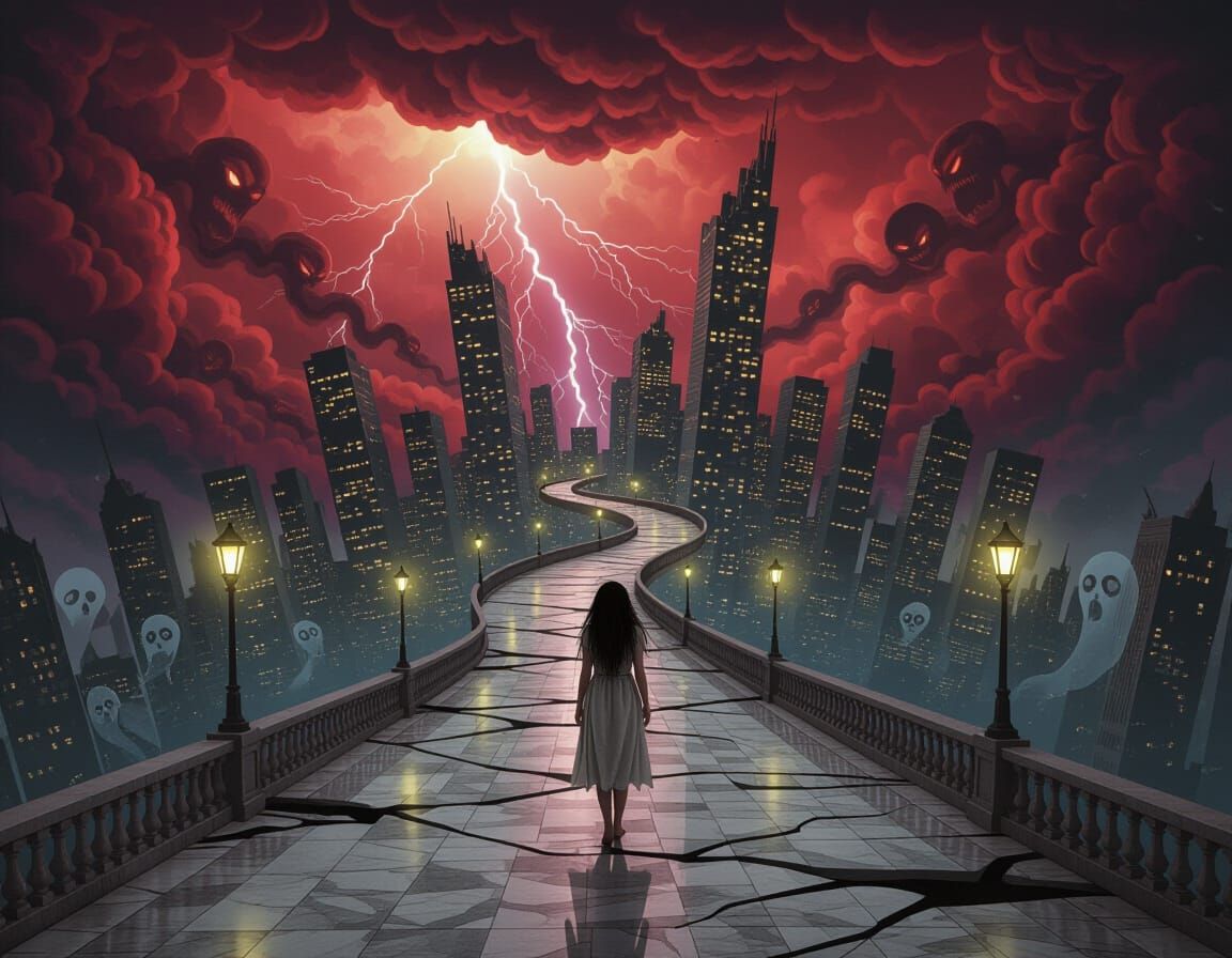 A vast, endless dreamscape twisting into a nightmare — a crumbling city floating in a void, skyscrapers ...  by @Tahlia