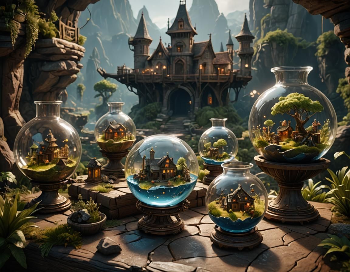 miniature world contained within glass vessels, 3D Game Cine...